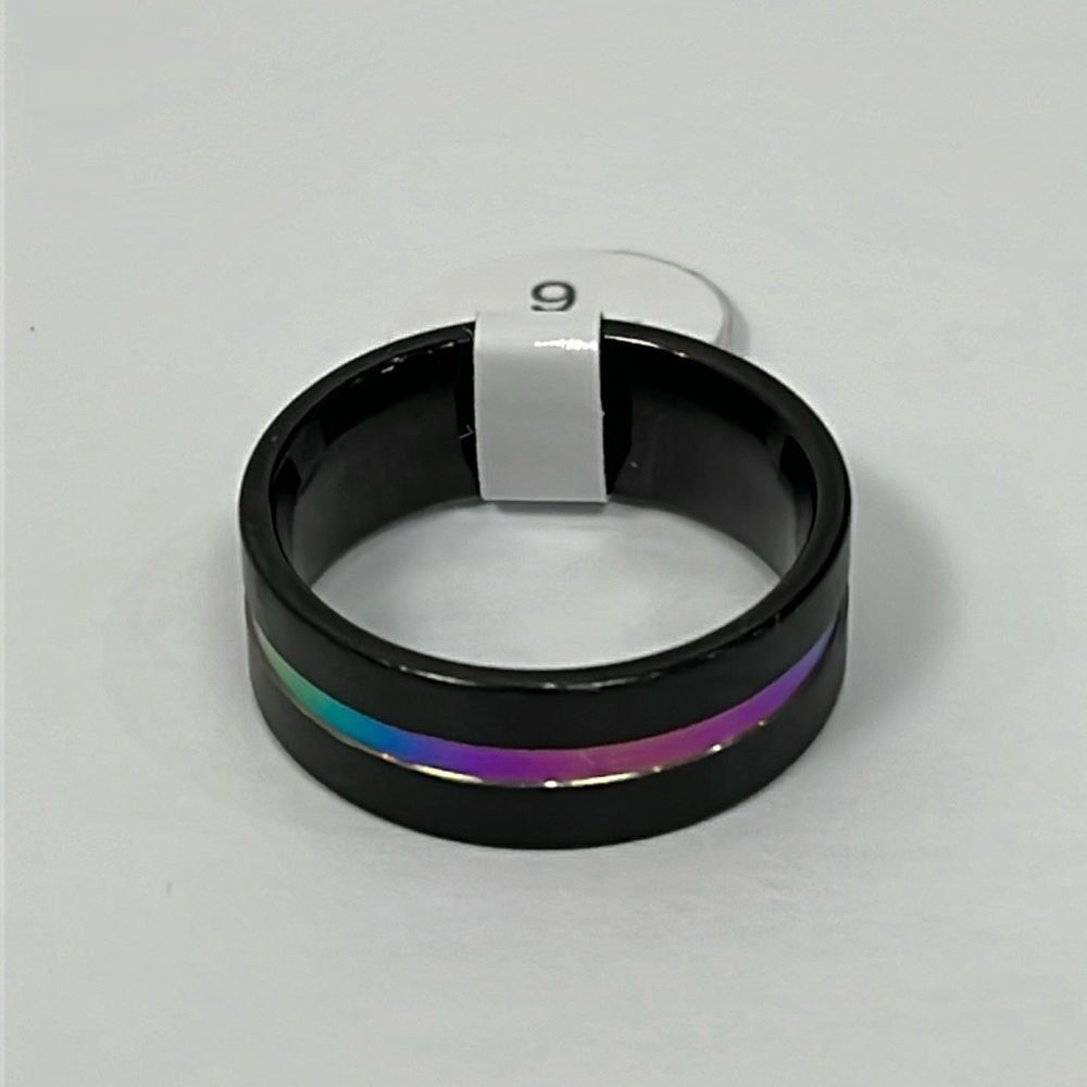 Stainless Steel Mens Black Gray Ring Band Size 9 Iridescent Multicolored Cyber